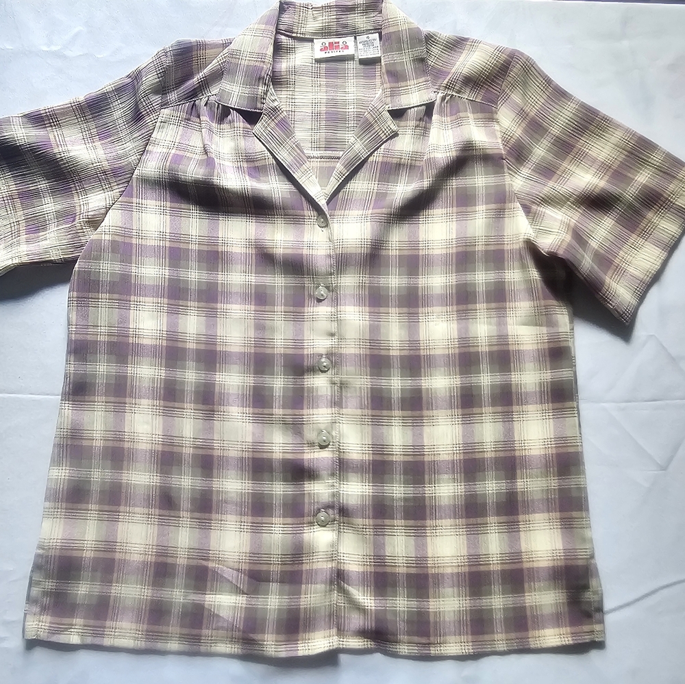 Alia Womens Petite Short Sleeve Button Up Plaid Blouse Size Small